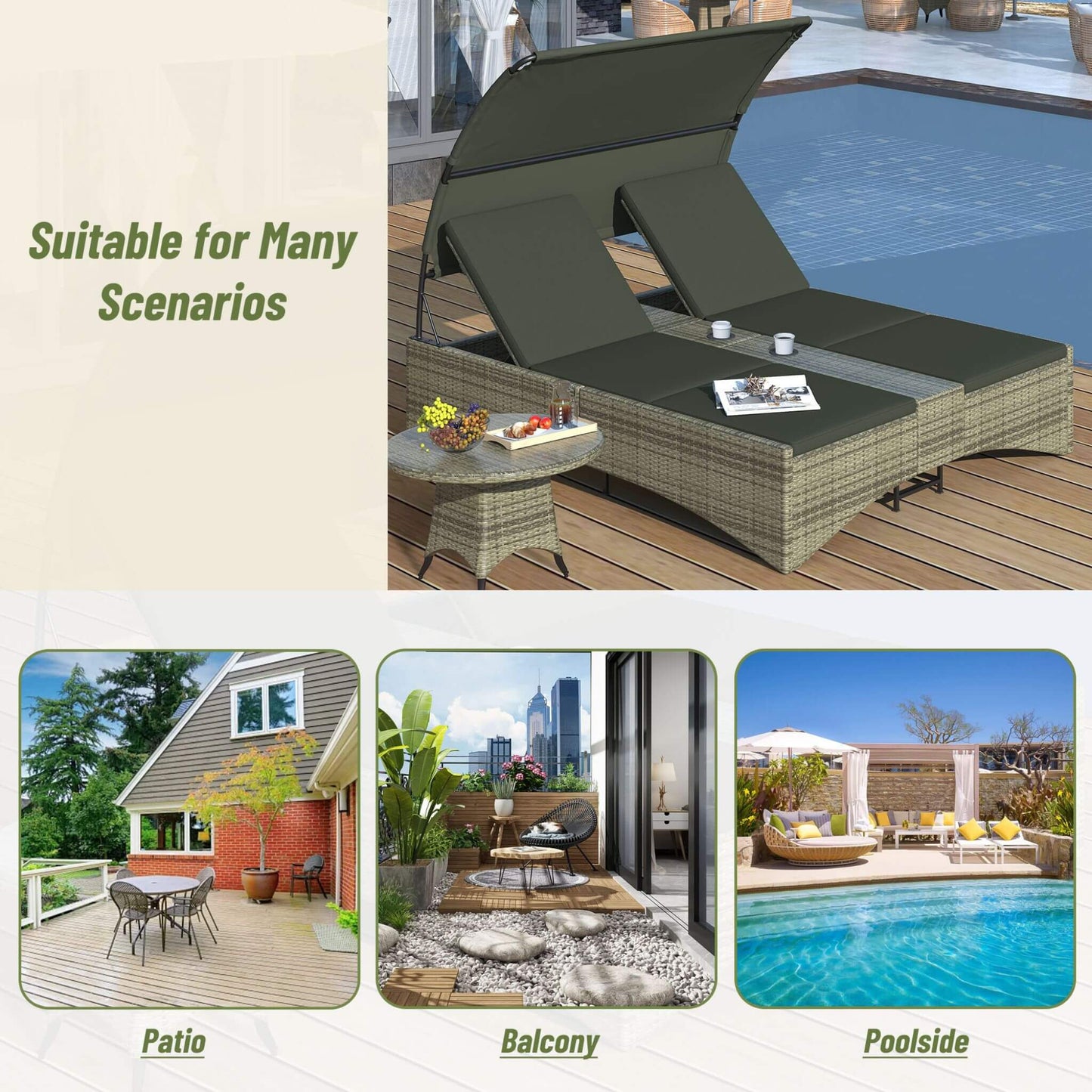 Alora Outdoor Rattan Patio Daybed with Adjustable Backrest, Canopy Roof, Storage Box and Cup Holders
