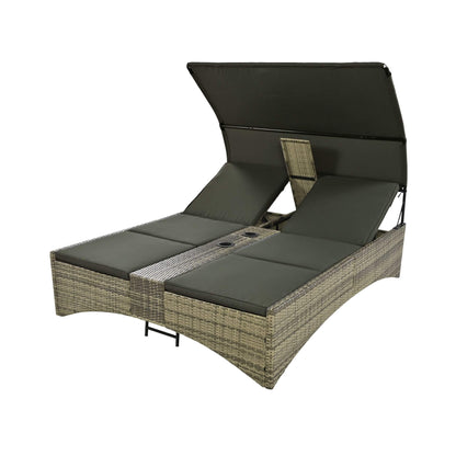 Alora Outdoor Rattan Patio Daybed with Adjustable Backrest, Canopy Roof, Storage Box and Cup Holders