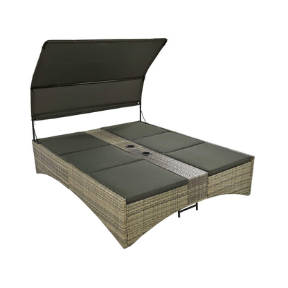 Alora Outdoor Rattan Patio Daybed with Adjustable Backrest, Canopy Roof, Storage Box and Cup Holders