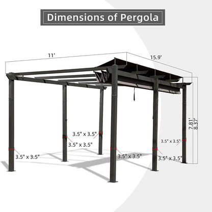11' x 16' Outdoor Retractable Backyard Aluminum Metal Pergola Gazebo With Roof