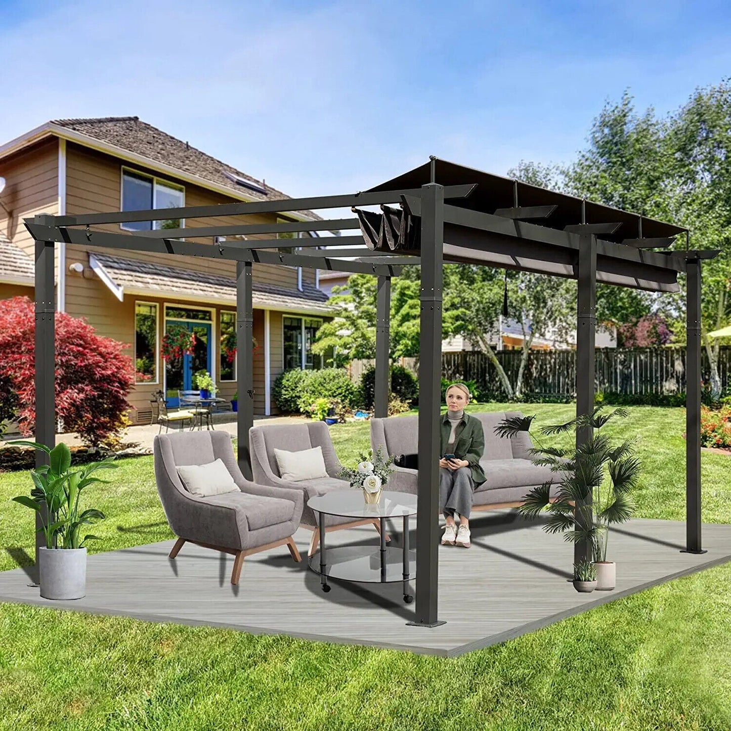 11' x 16' Outdoor Retractable Backyard Aluminum Metal Pergola Gazebo With Roof