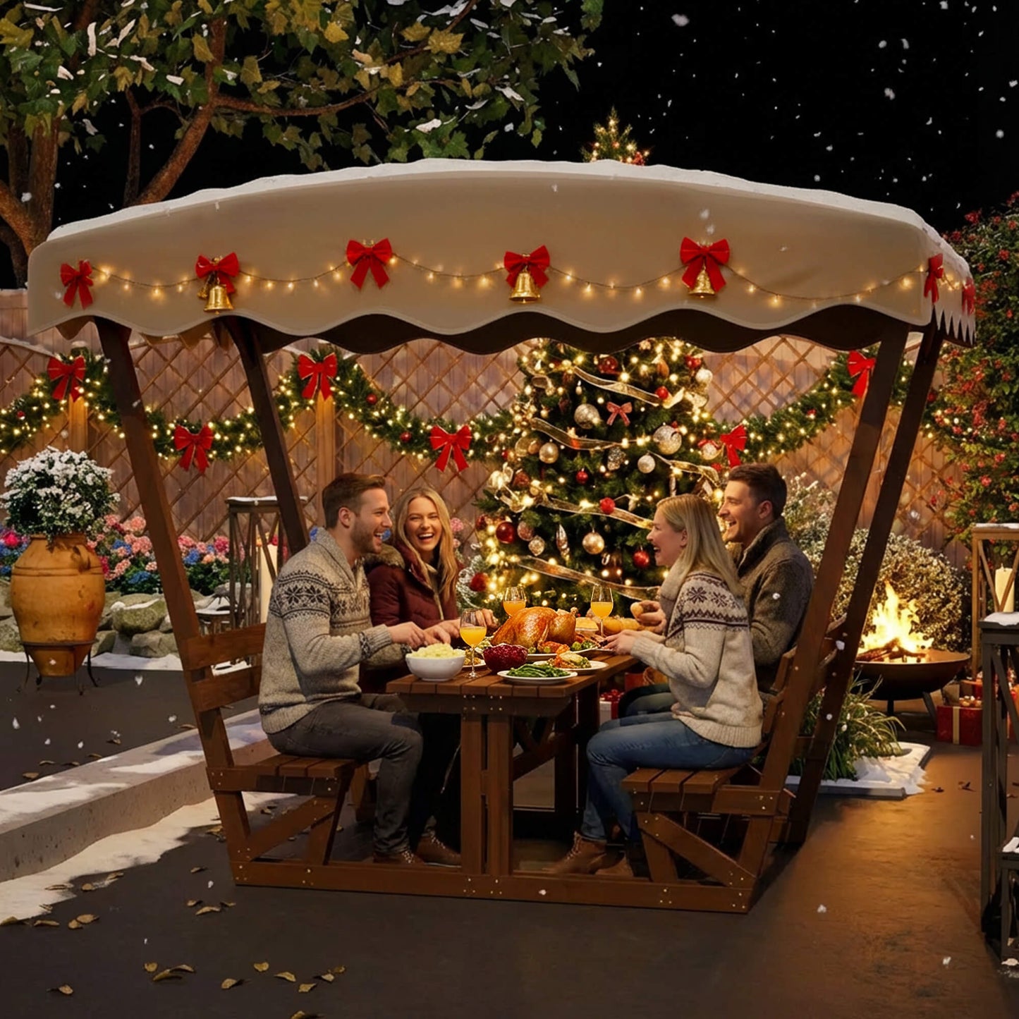 Alora Outdoor Waterproof Wood Picnic Table and Bench Set with Removable Canopy