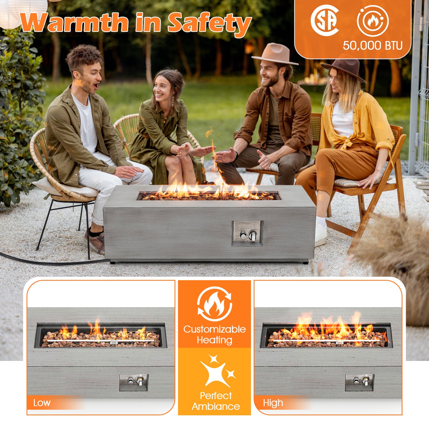42 Inch 50 000 BTU Outdoor Rectangular Fire Table with Tank Holder