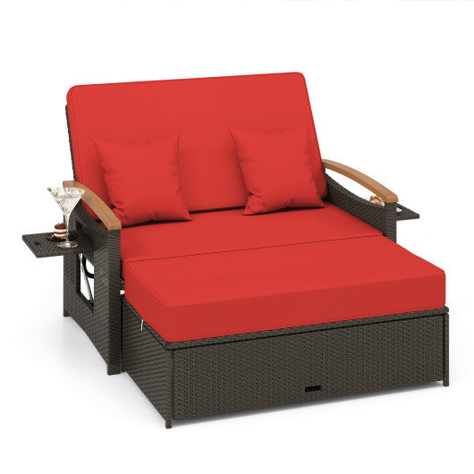 Outdoor Wicker Daybed with Folding Panels and Storage Ottoman - Red
