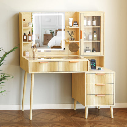 Pamapic Girls Vanity Desk with Mirror & 5 Drawers, Natural Oak