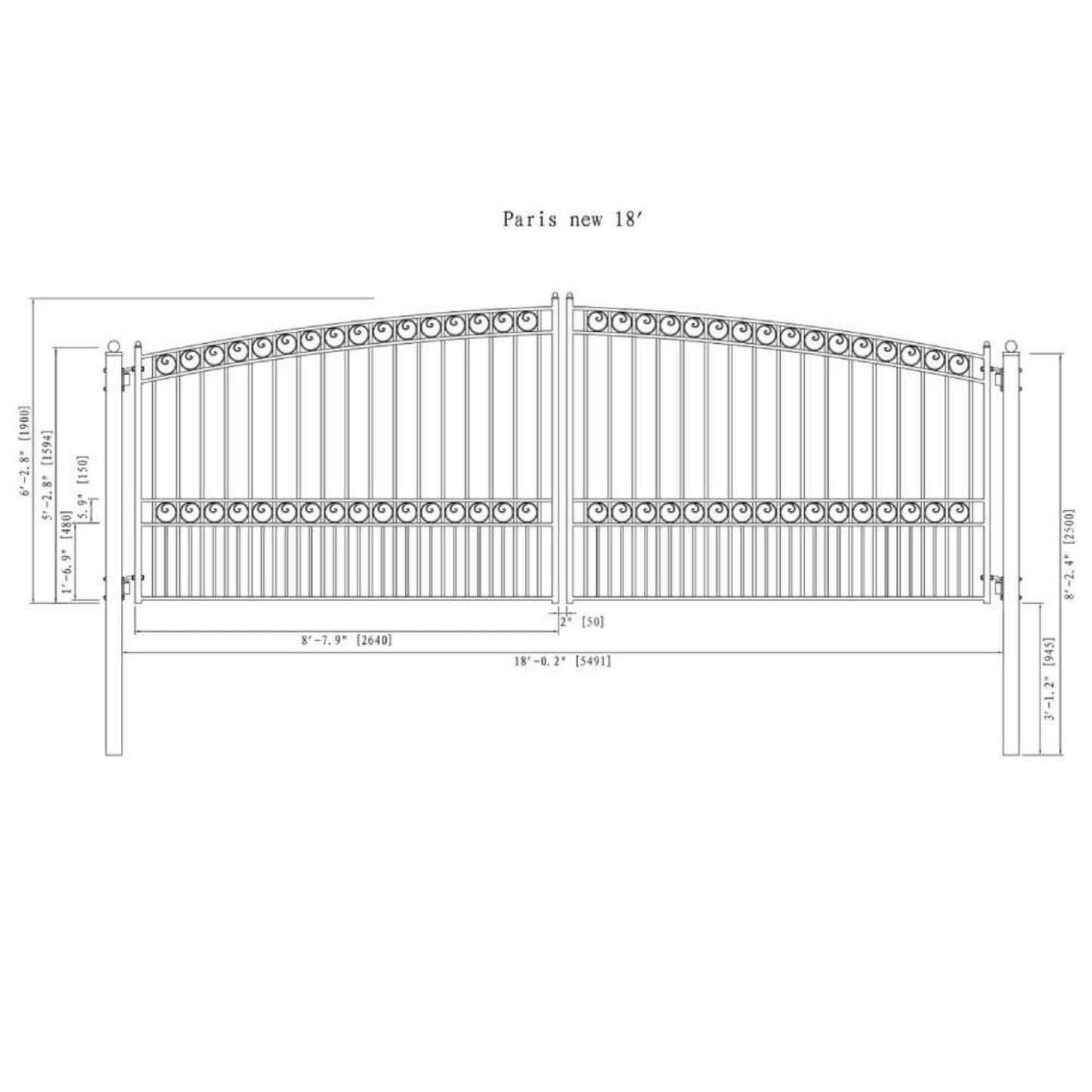 12FT - 18FT Heavy-Duty Paris-Style Steel Premium Dual-Swing Driveway Gate