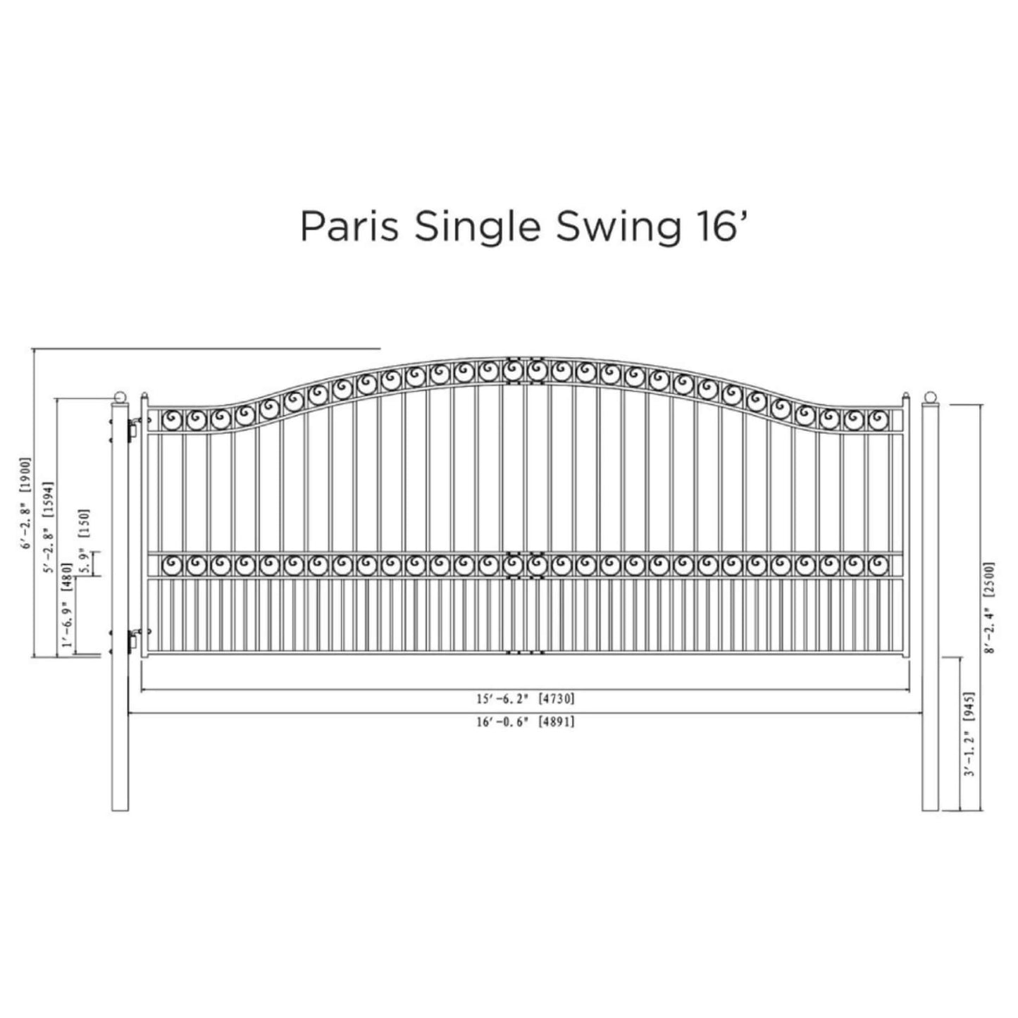 12FT - 18FT Heavy-Duty Paris-Style Galvanized Steel Single-Swing Driveway Gate