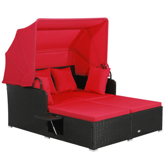 Patio Rattan Daybed with Retractable Canopy and Side Tables - Red