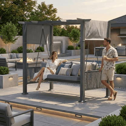 Pamapic 3-Seat Outdoor Metal Pergola Porch Swing Bed with Stand & Cushion, Gray
