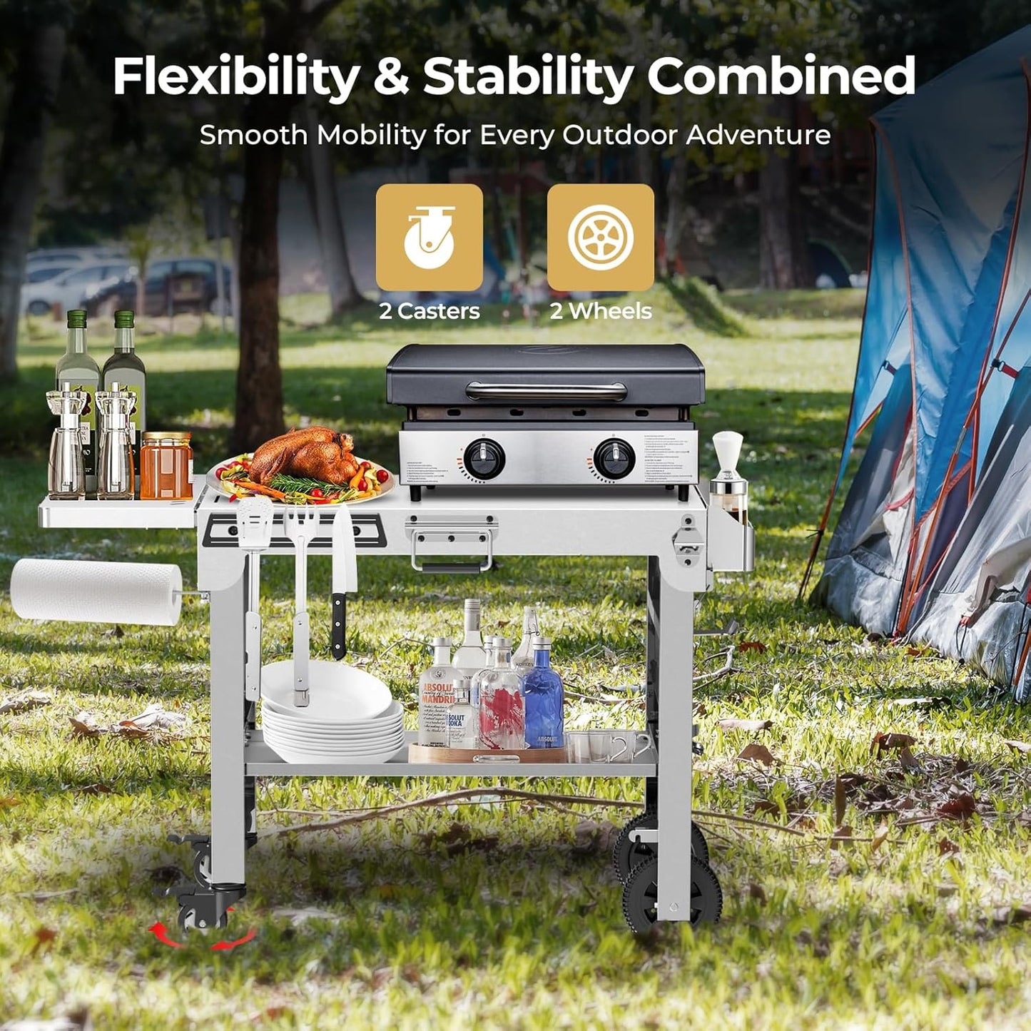 Portable Folding Grill Prep Table with Wheels BBQ Grill Stand for Camping Tailgate