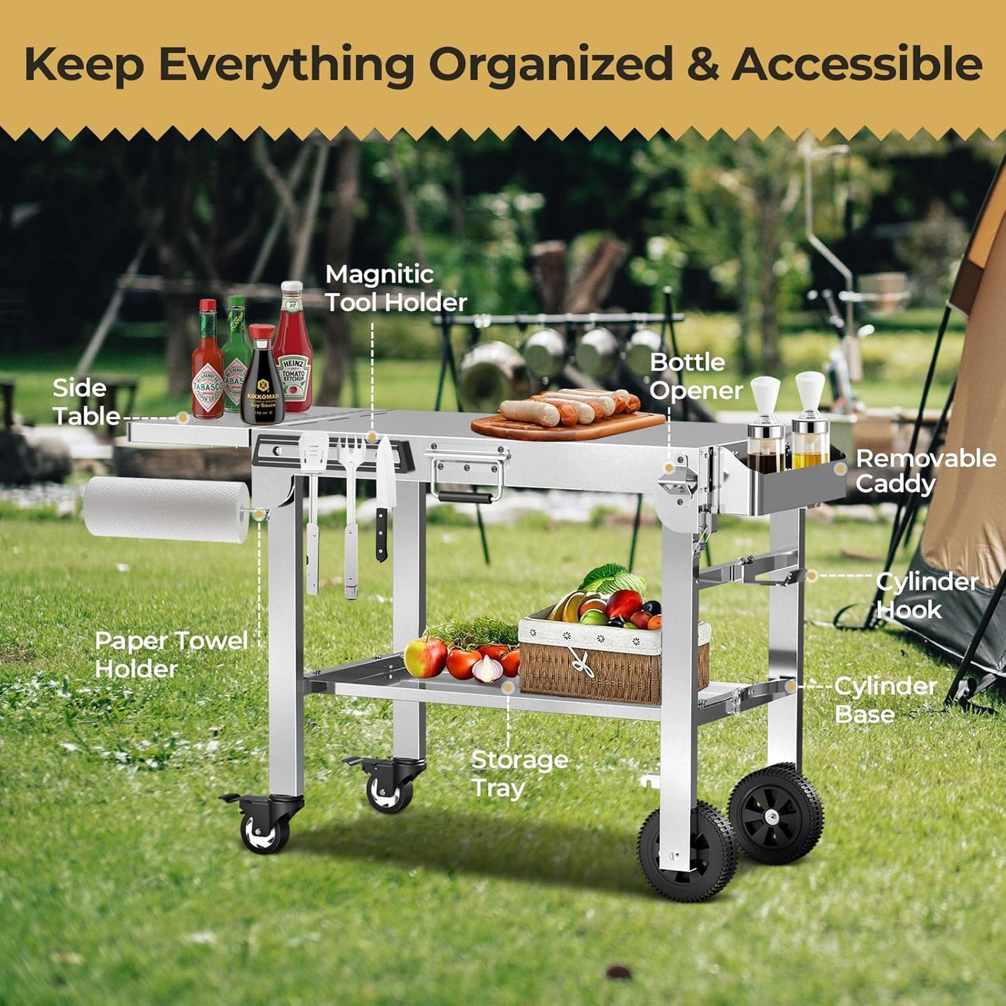 Portable Folding Grill Prep Table with Wheels BBQ Grill Stand for Camping Tailgate