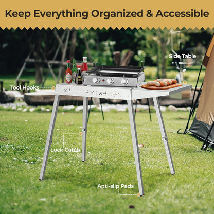 Portable Grill Prep Table with Adjustable and Folding Legs, 304 Stainless Steel BBQ Grill Stand for Tabletop Griddle and Pizza Oven