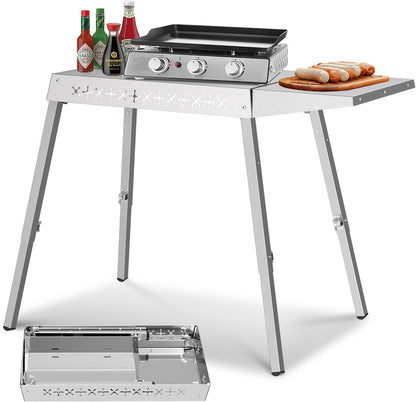 Portable Grill Prep Table with Adjustable and Folding Legs, 304 Stainless Steel BBQ Grill Stand for Tabletop Griddle and Pizza Oven