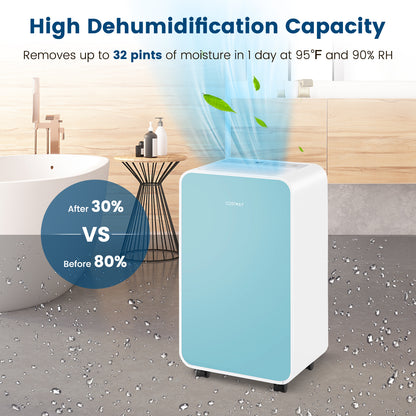 32 Pints/Day Portable Quiet Dehumidifier for Rooms up to 2500 Sq.