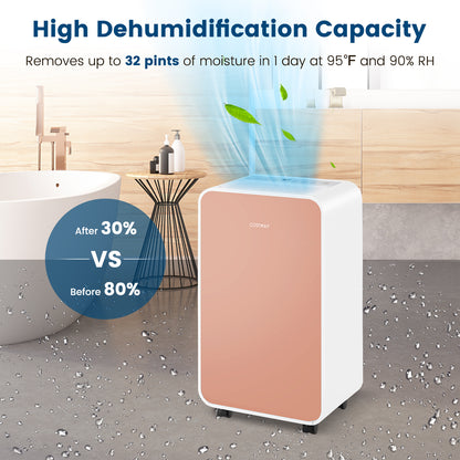 32 Pints/Day Portable Quiet Dehumidifier for Rooms up to 2500 Sq.