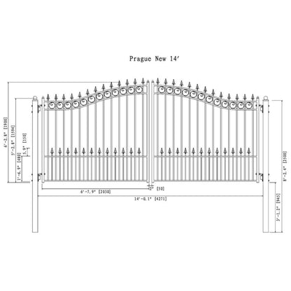 12FT - 18FT Heavy-Duty Prague-Style Powder-Coated Galvanized Steel Dual Swing Driveway Gate