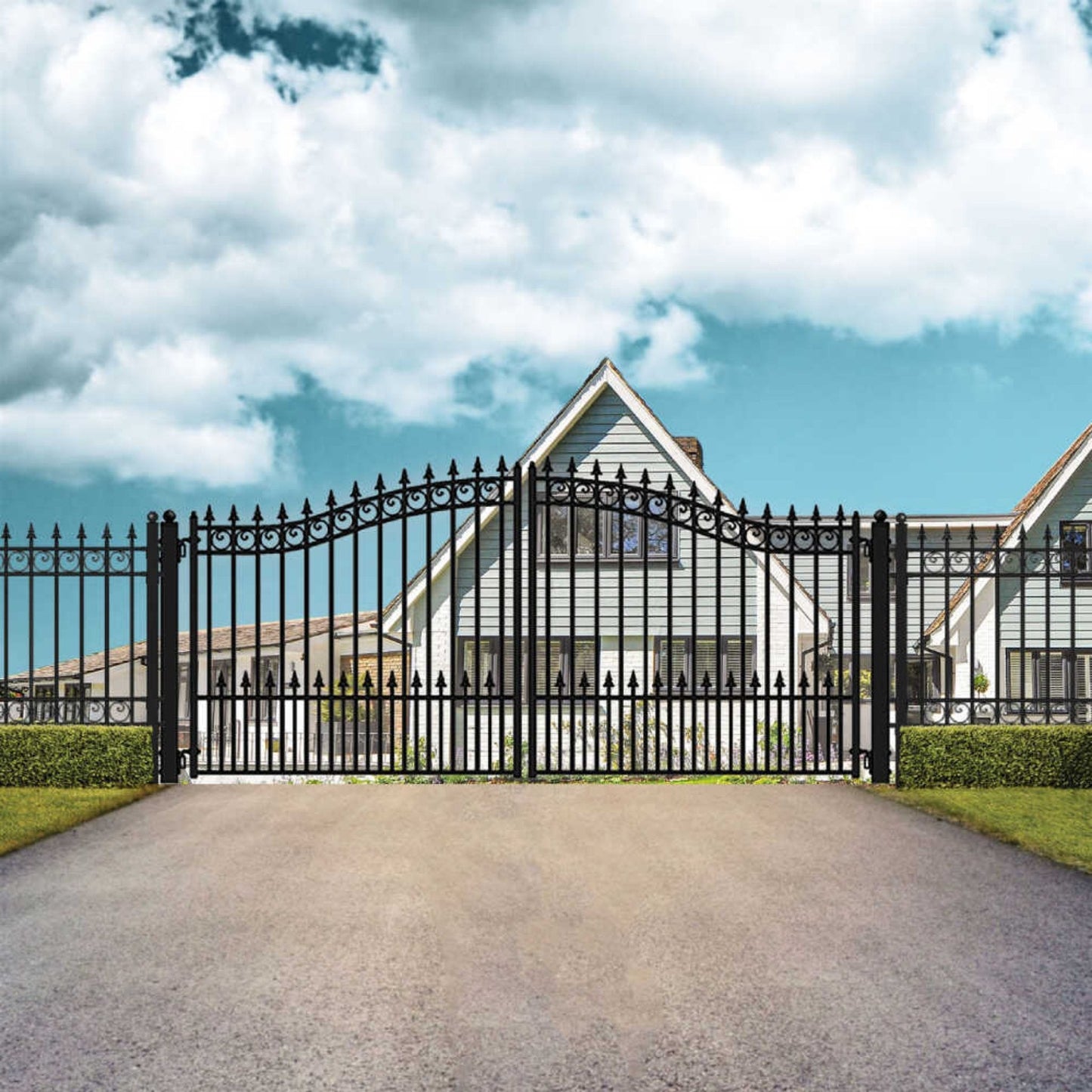12FT - 18FT Heavy-Duty Prague-Style Powder-Coated Galvanized Steel Dual Swing Driveway Gate