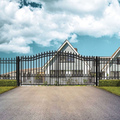 12FT - 18FT Heavy-Duty Prague-Style Powder-Coated Galvanized Steel Dual Swing Driveway Gate