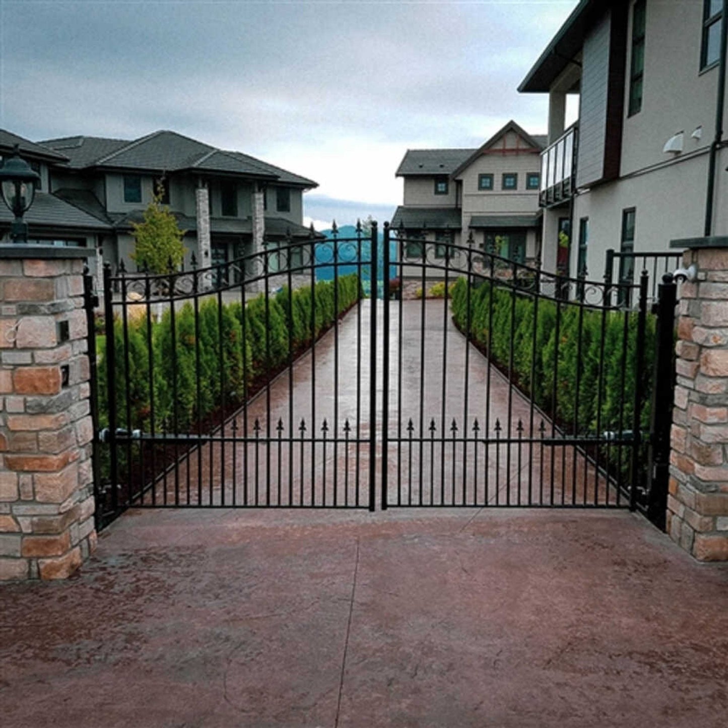 12FT - 18FT Heavy-Duty Prague-Style Powder-Coated Galvanized Steel Dual Swing Driveway Gate