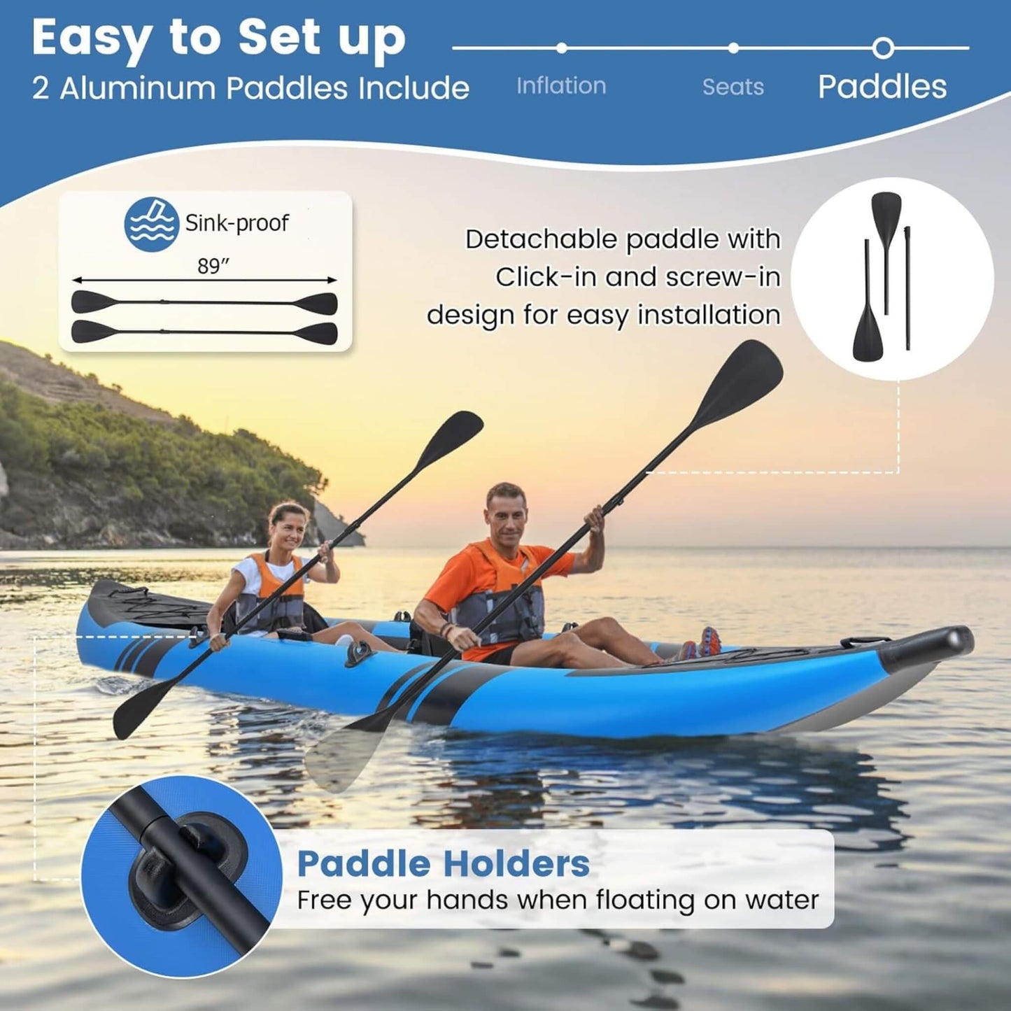 Premium 12FT 2-Person Inflatable Tandem Kayak Kit with Pump and Paddles