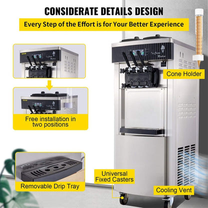 Premium 3-Flavors Commercial Soft Serve Ice Cream Machine Yogurt Maker 20-28 L/H