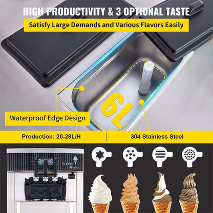 Premium 3-Flavors Commercial Soft Serve Ice Cream Machine Yogurt Maker 20-28 L/H