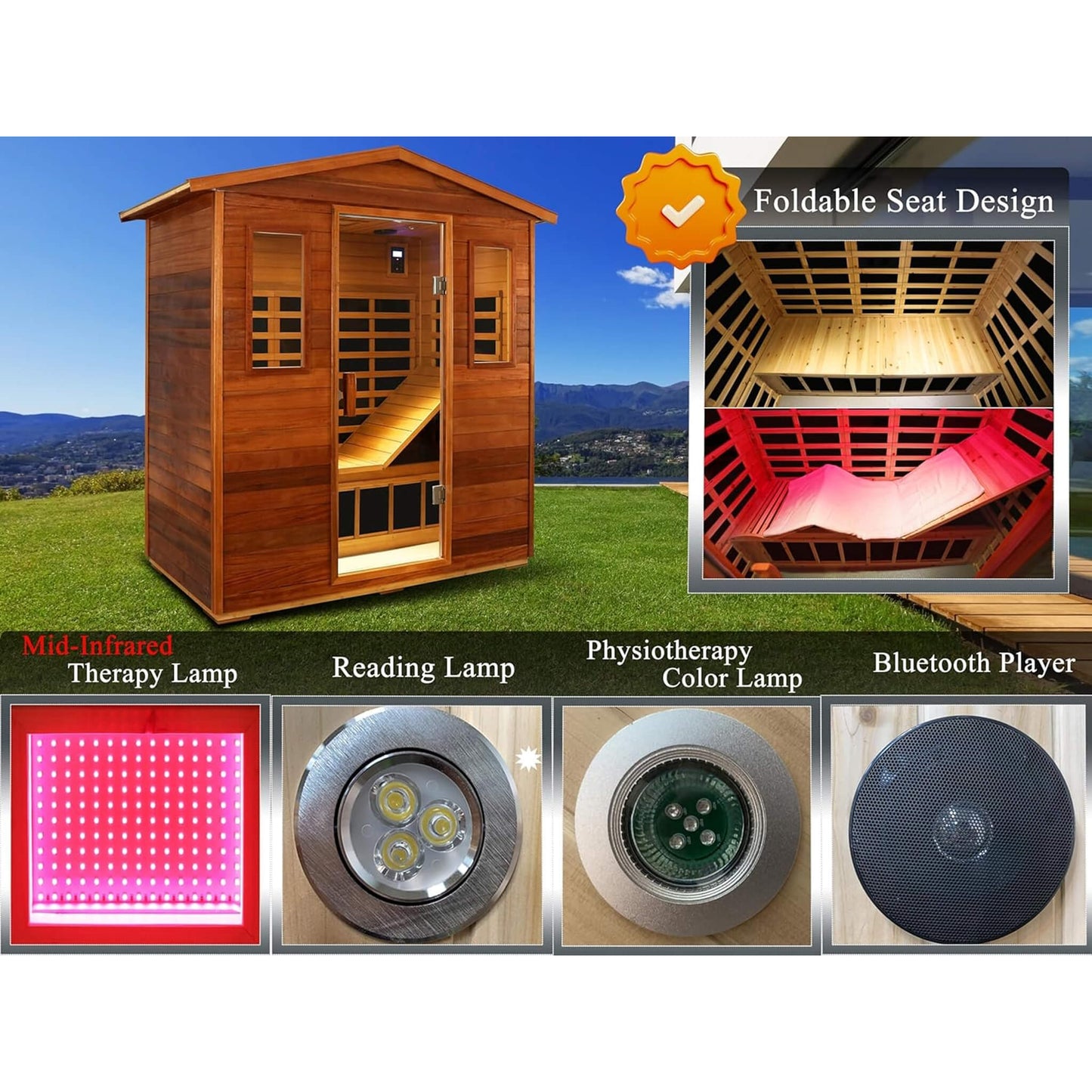 Thermora Luxury 3-Person Outdoor Mahogany Full Spectrum Ultra-Low EMF FAR Infrared Sauna with Chromotherapy and Bluetooth Speakers