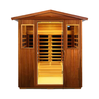 Thermora Deluxe 4-Person Outdoor Mahogany Full Spectrum Ultra-Low EMF FAR Infrared Sauna With Chromotherapy And Bluetooth Speakers