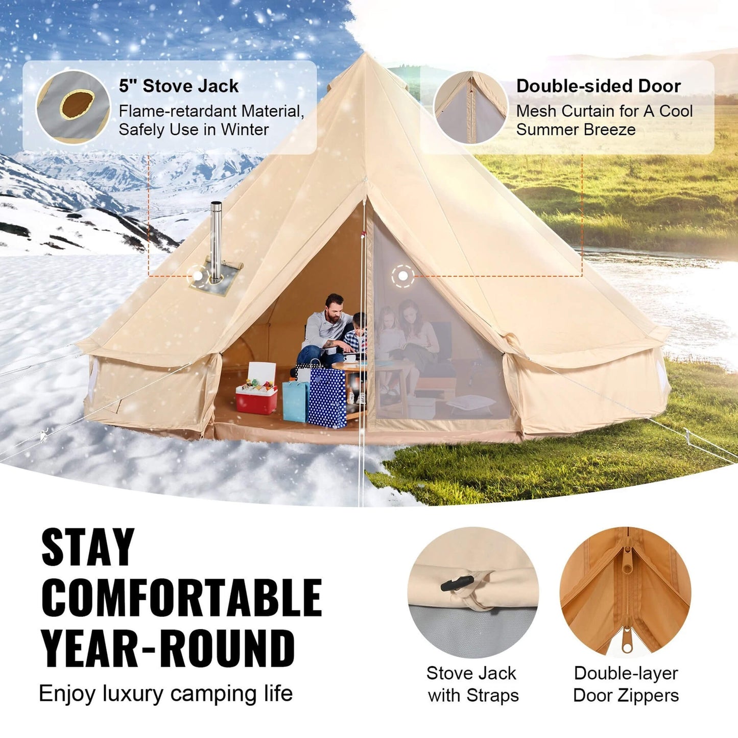 Premium 4-Season Camping Canvas Bell Yurt Tent With Stove Jack