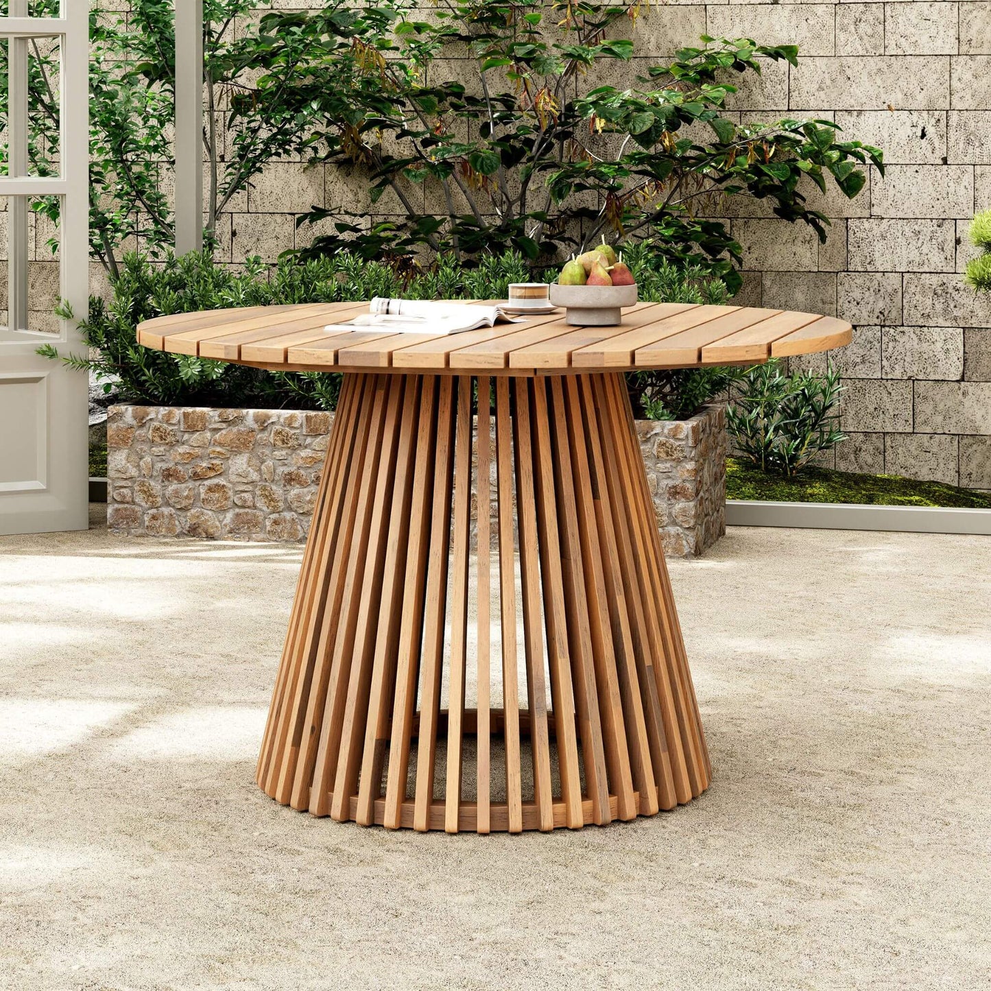 Alora Premium 5-Piece Outdoor Acacia Wood Patio Furniture Set With Braided Dining Chairs, Cushions, And Dining Table
