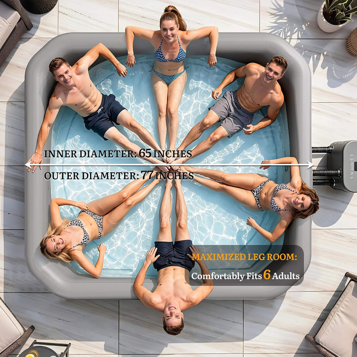 Premium 77-Inch Portable 6-Person Natural Stone Design Inflatable Square Hot Tub with 180 Massage Jets