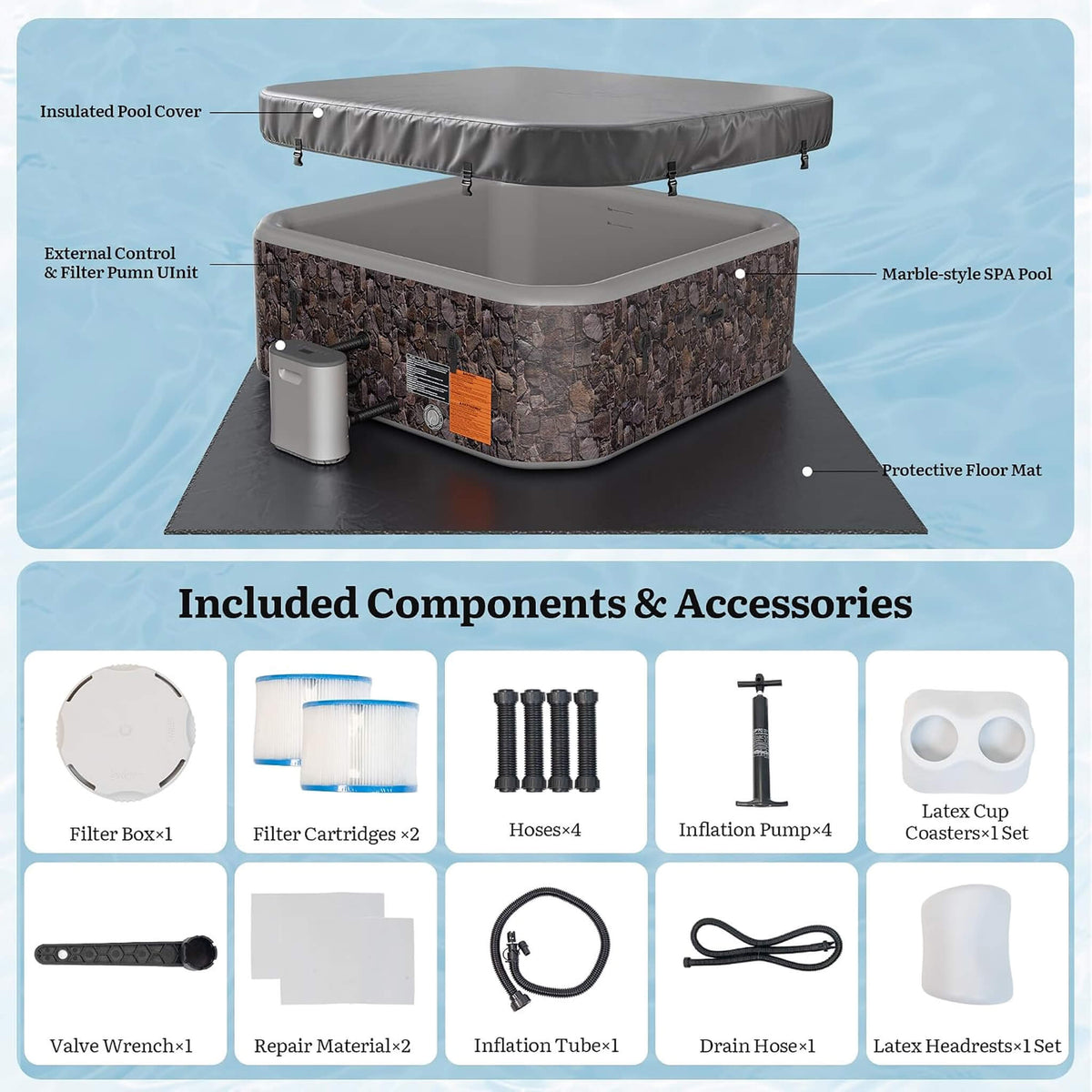Premium 77-Inch Portable 6-Person Natural Stone Design Inflatable Square Hot Tub with 180 Massage Jets