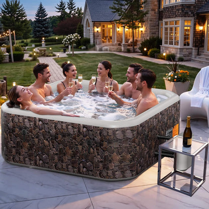Premium 77-Inch Portable 6-Person Natural Stone Design Inflatable Square Hot Tub with 180 Massage Jets