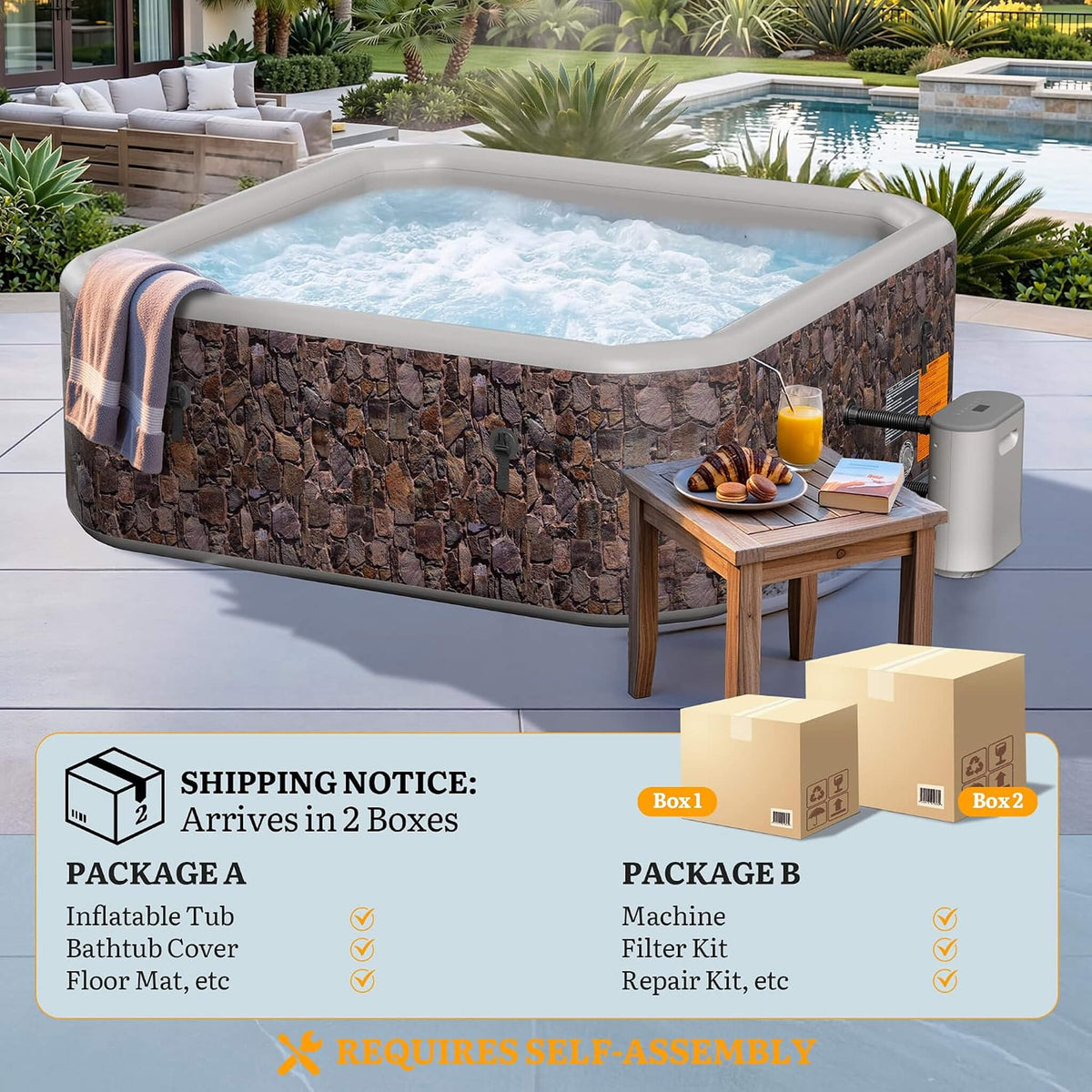 Premium 77-Inch Portable 6-Person Natural Stone Design Inflatable Square Hot Tub with 180 Massage Jets