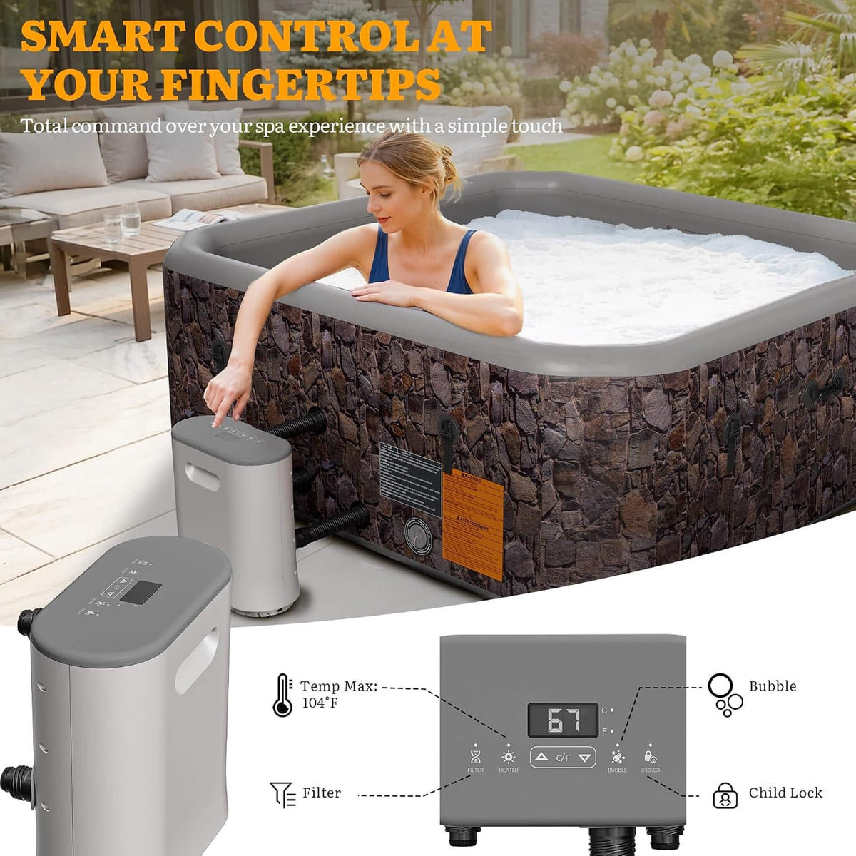 Premium 77-Inch Portable 6-Person Natural Stone Design Inflatable Square Hot Tub with 180 Massage Jets