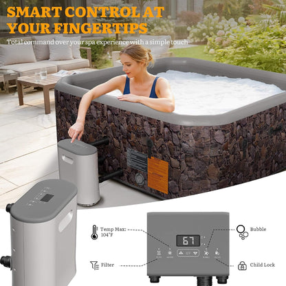 Premium 77-Inch Portable 6-Person Natural Stone Design Inflatable Square Hot Tub with 180 Massage Jets