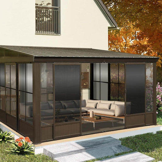 10' x 12' FT Alora Premium Against Wall Mounted Solarium Sunroom With Galvanized Steel Sloping Roof