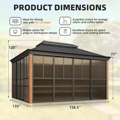 Alora Premium All-Season Outdoor Wood Grain Sunroom with Sliding Doors and Double Top Roof
