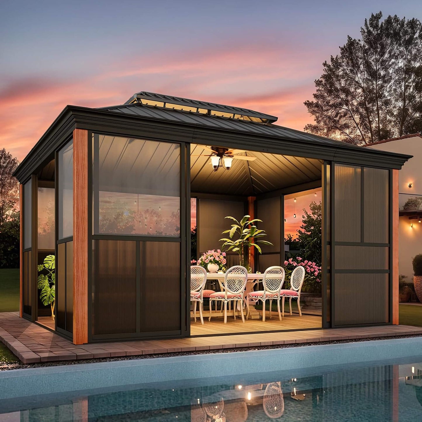 Alora Premium All-Season Outdoor Wood Grain Sunroom with Sliding Doors and Double Top Roof