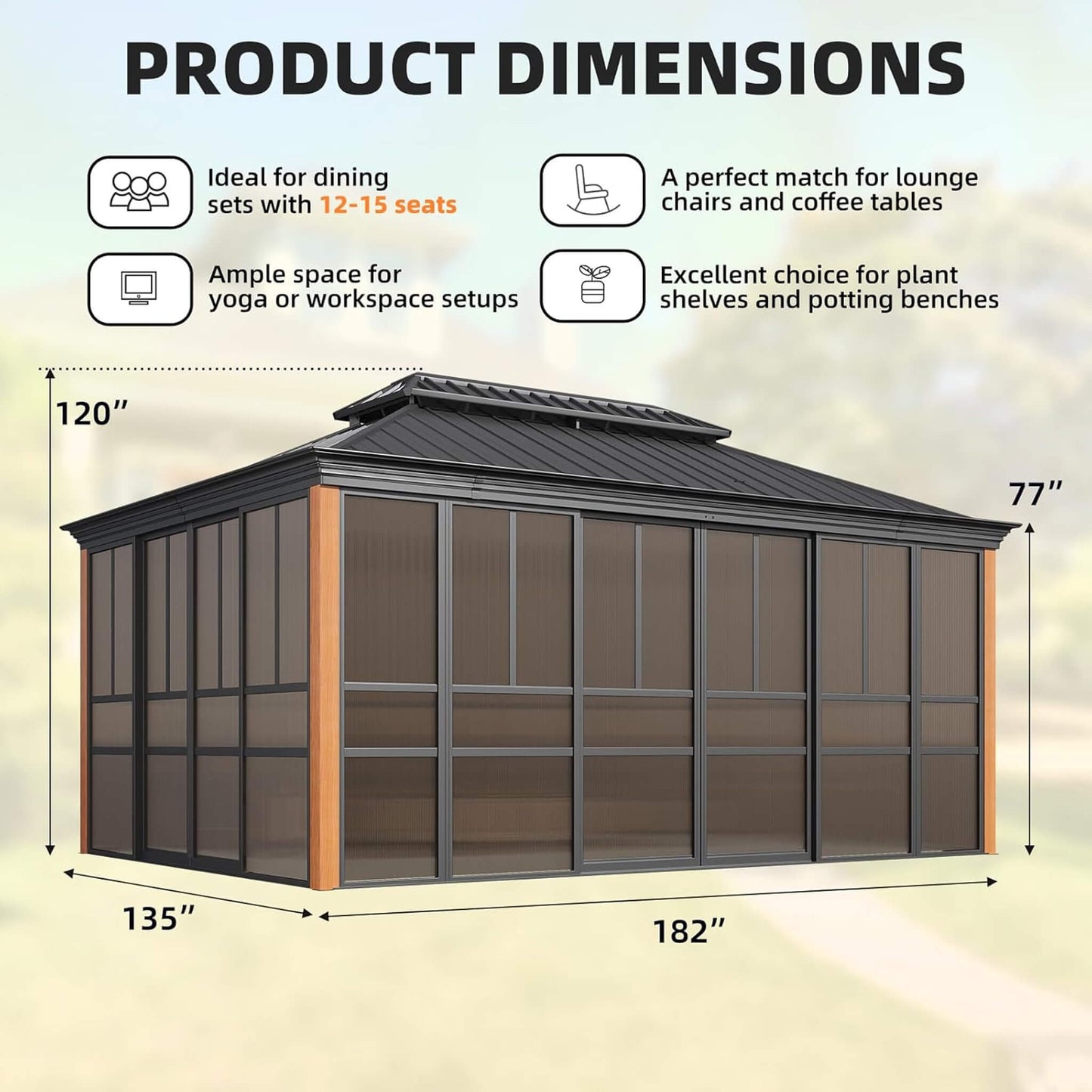 Alora Premium All-Season Outdoor Wood Grain Sunroom with Sliding Doors and Double Top Roof