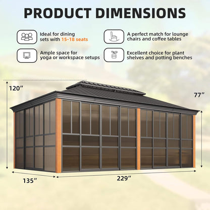 Alora Premium All-Season Outdoor Wood Grain Sunroom with Sliding Doors and Double Top Roof