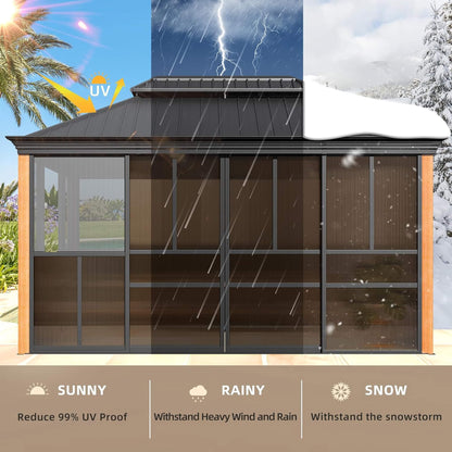 Alora Premium All-Season Outdoor Wood Grain Sunroom with Sliding Doors and Double Top Roof