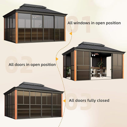 Alora Premium All-Season Outdoor Wood Grain Sunroom with Sliding Doors and Double Top Roof