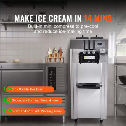 Premium Commercial 3-flavor Freestanding Soft Serve Ice Cream Machine Maker 21-31 L/H