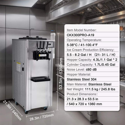 Premium Commercial 3-flavor Freestanding Soft Serve Ice Cream Machine Maker 21-31 L/H