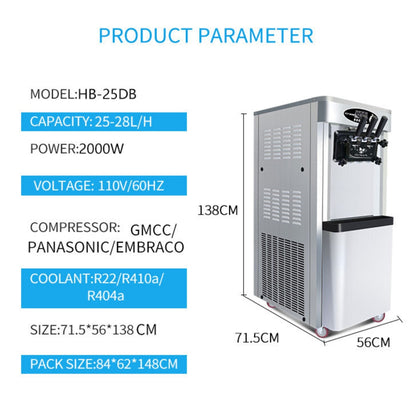 Premium Commercial Vertical 2000W 3-Flavor Soft Ice Cream Machine With Dual 6L Hoppers, 25-30 L/H