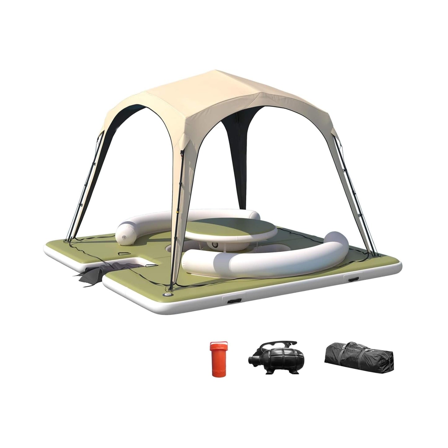 11FT x 11FT Premium Floating Dock Lounge with with Ladder, Double Seats, Table, and Canopy
