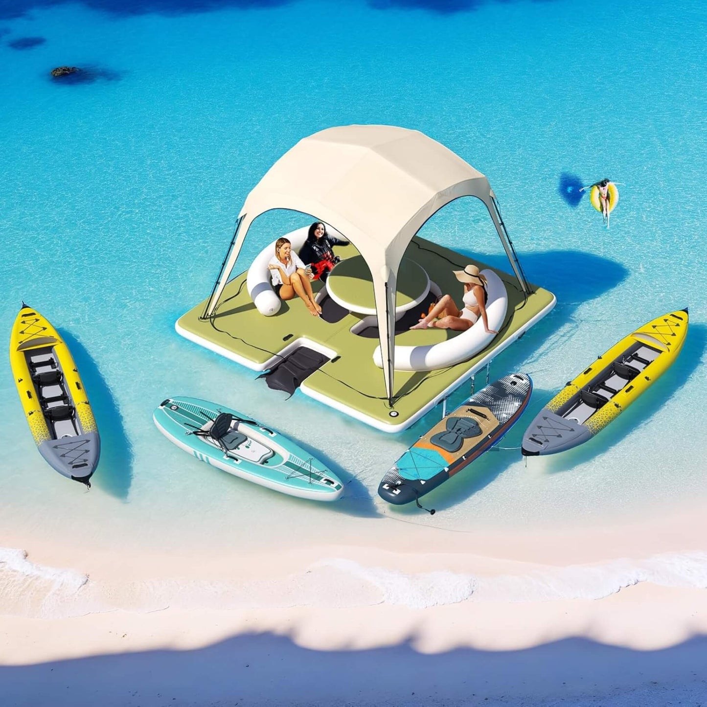 11FT x 11FT Premium Floating Dock Lounge with with Ladder, Double Seats, Table, and Canopy