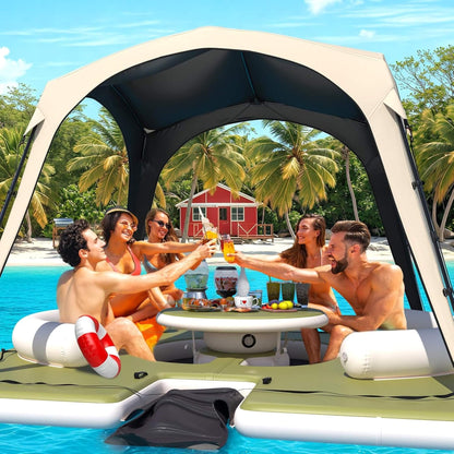 11FT x 11FT Premium Floating Dock Lounge with with Ladder, Double Seats, Table, and Canopy