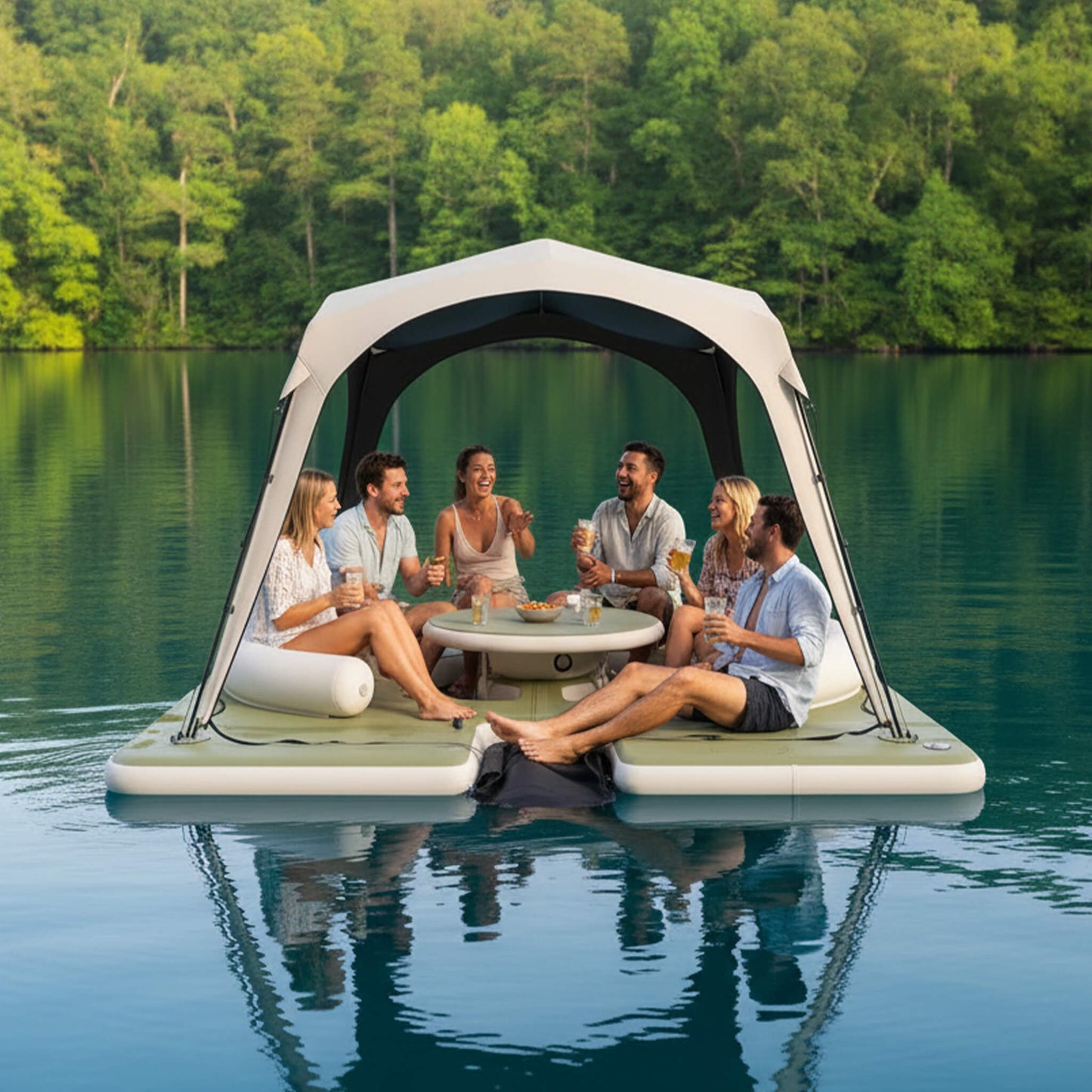 11FT x 11FT Premium Floating Dock Lounge with with Ladder, Double Seats, Table, and Canopy